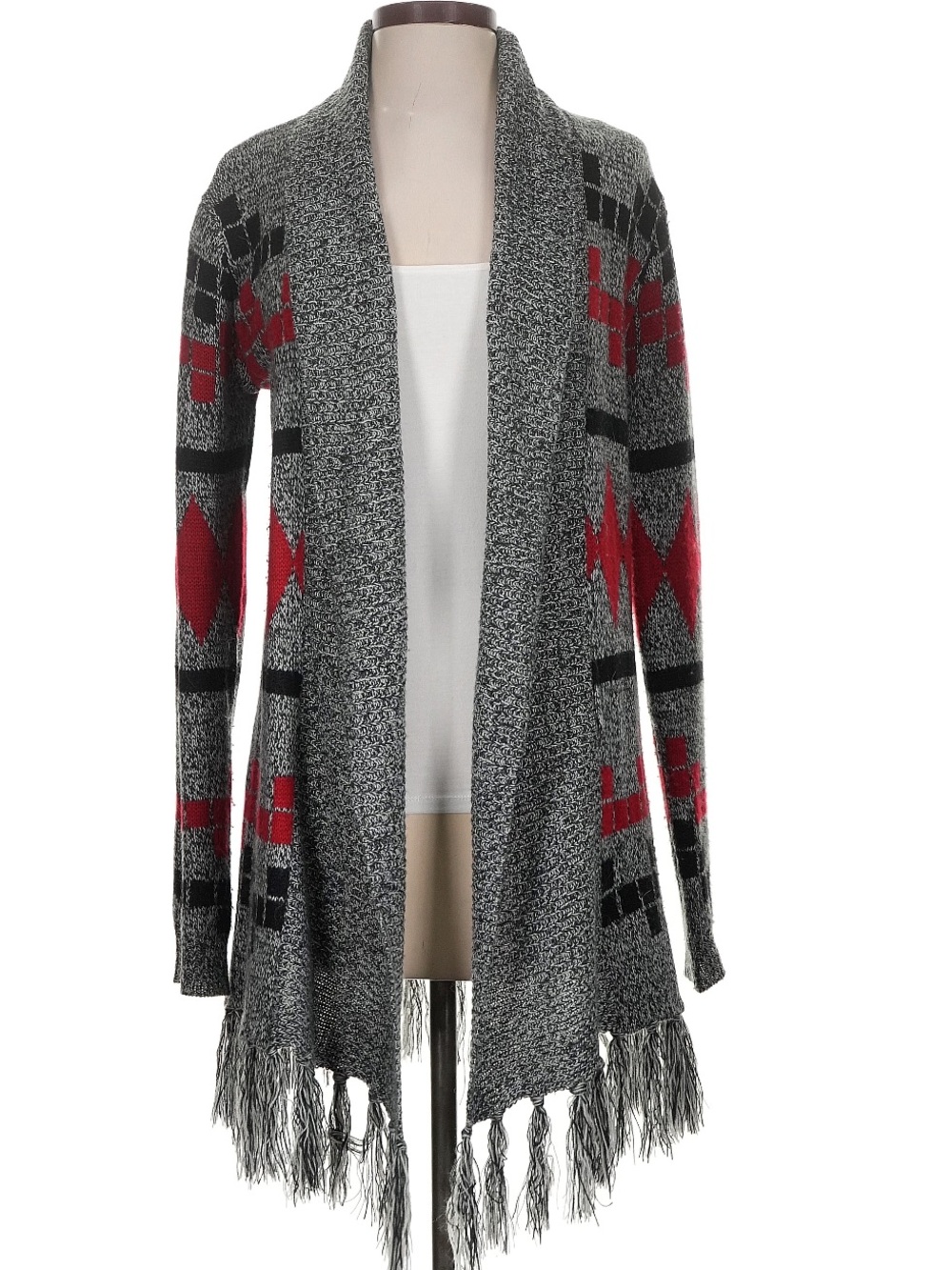 Open-Front Gray and Red Fringe Knit Cardigan